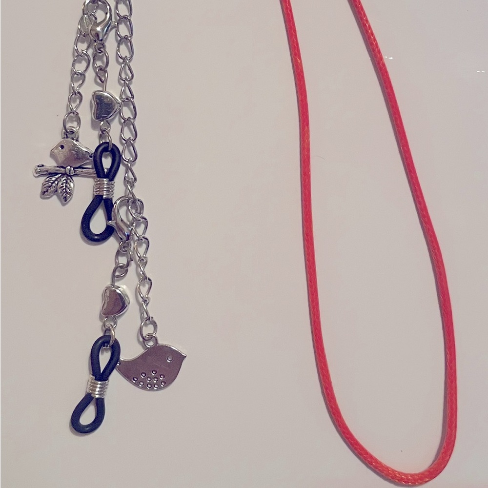 Eyeglass chain/holder , orange cording with bird charms